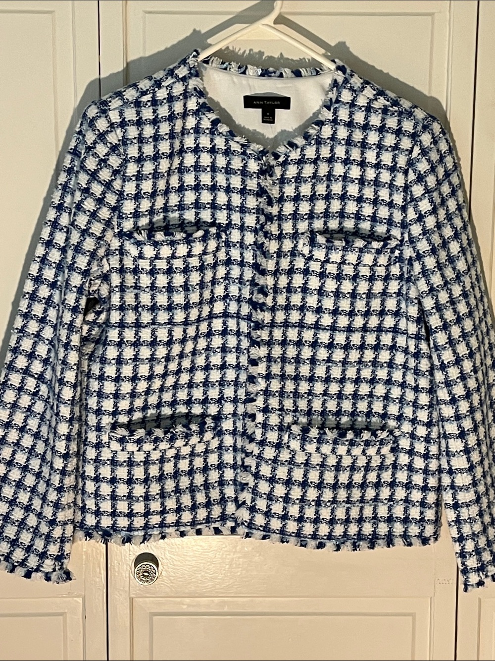 Ann Taylor Blue and White Tweed Collarless Jacket
